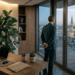 Dirigeant seul dans son bureau regardant par la fenêtre