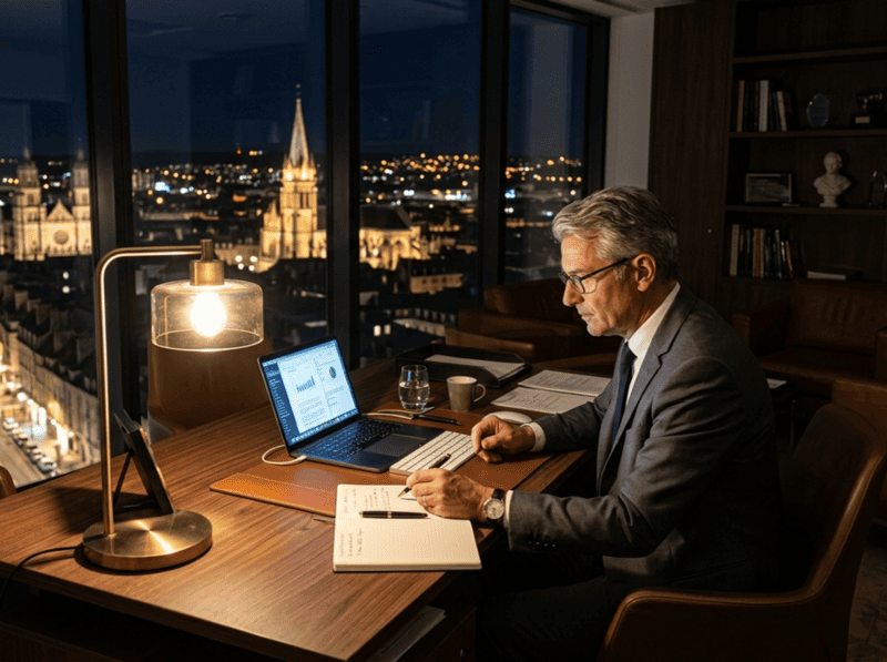 Dirigigant seul à son bureau le soir