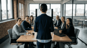 Femme manager qui préside une réunion